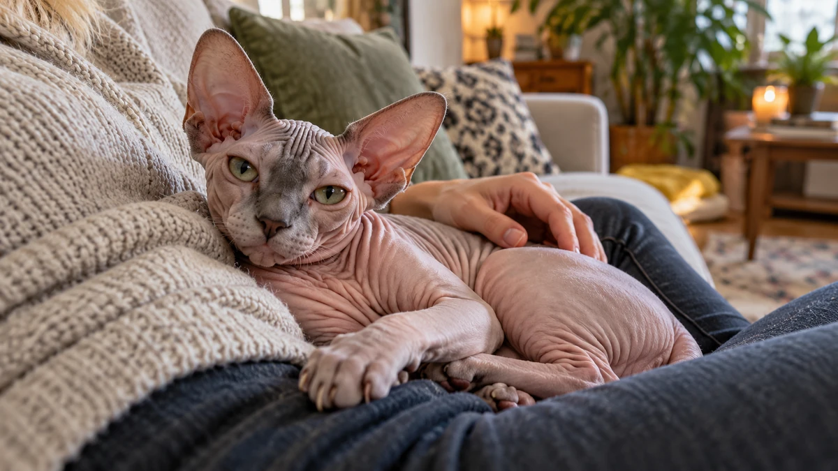 Sfenks Kedisi kedi — sahibinin kucağında