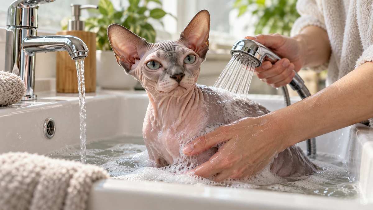 Sfenks Kedisi kedi — banyo ve temizlik