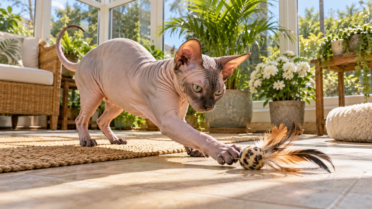 Sfenks Kedisi kedi — oyun ve egzersiz anı